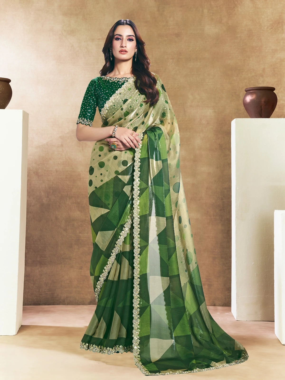 Tarani Madhavi green Satin silk saree with abstract digital print sequins embroidery full view