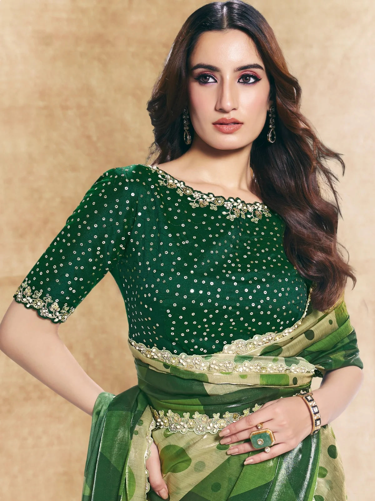 Tarani Madhavi green saree with sequins embroidered taffeta silk blouse upper body view