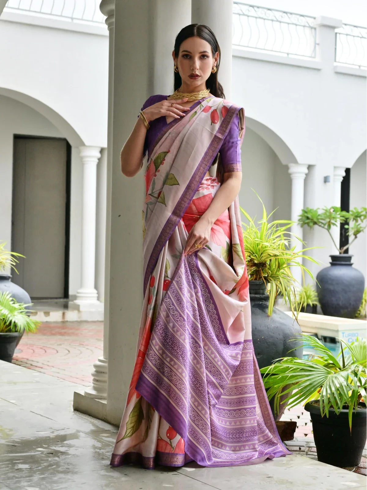 Tarani soft satin floral saree with printed pallu and purple blouse - full view