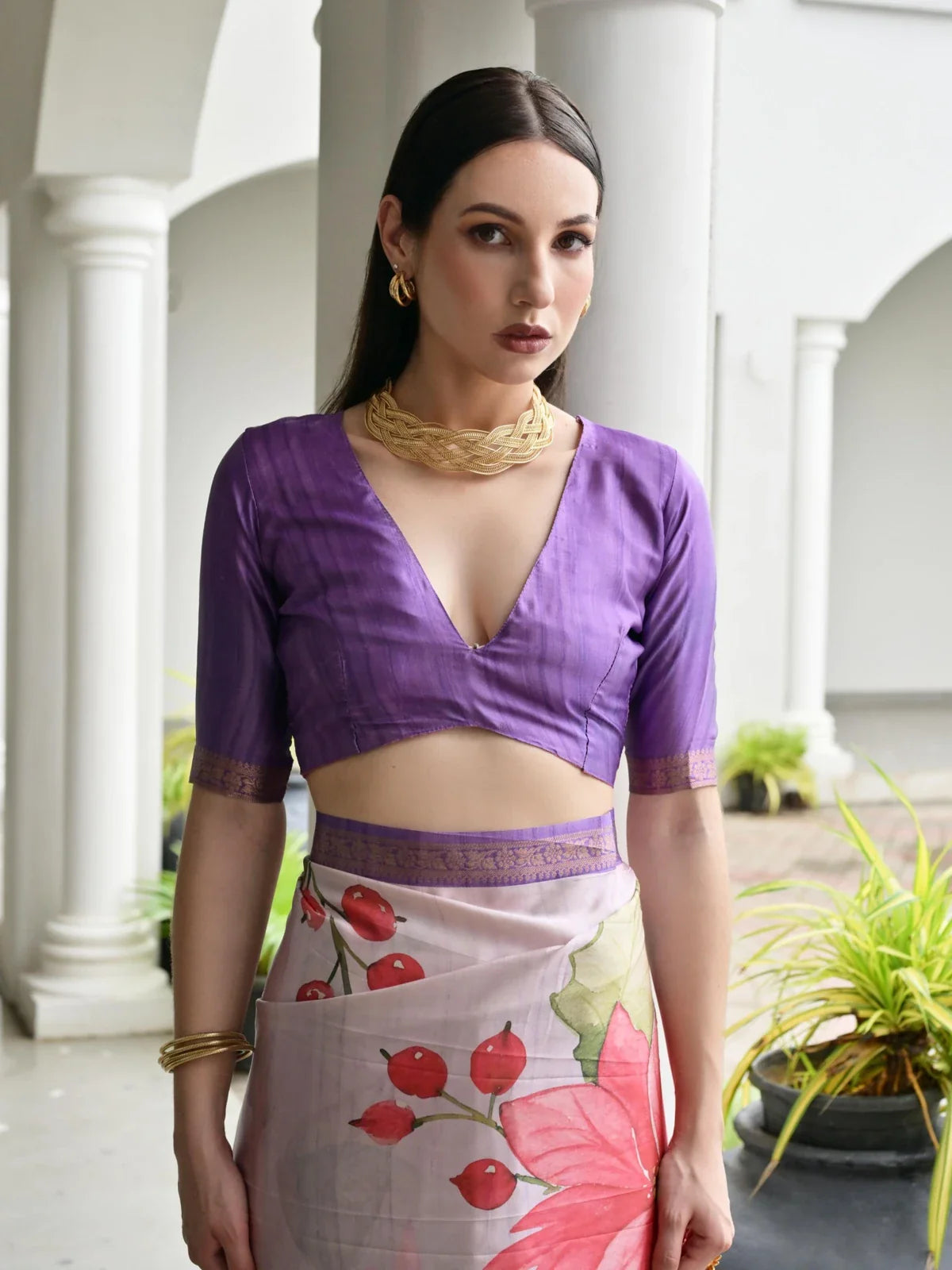 Tarani purple contrast blouse with hand painted satin saree - upper body view