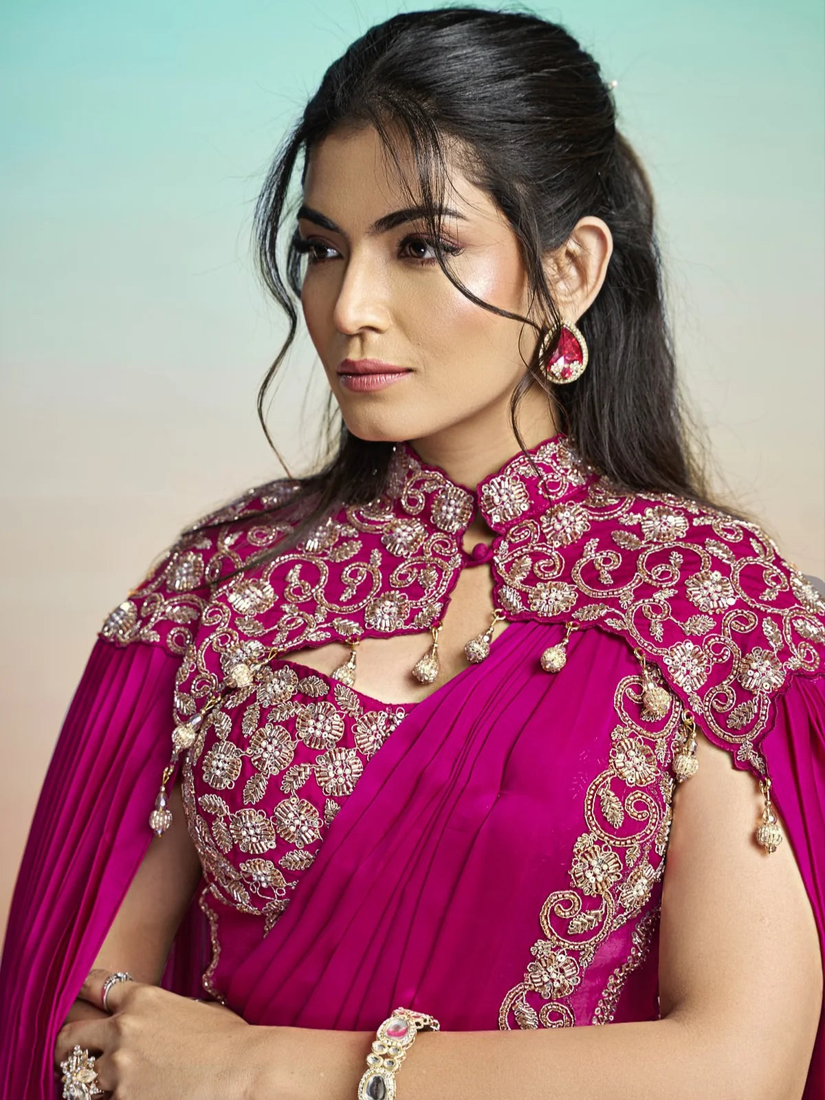 Tarani Shrishti magenta satin silk saree closeup with sequin bead cutdana zardosi cape detailing