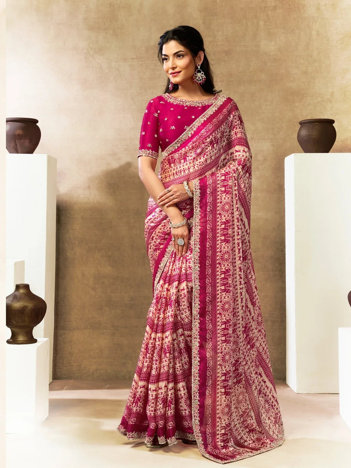 Tarani Aarshiya magenta satin silk saree with Warli digital print and embroidered work full view