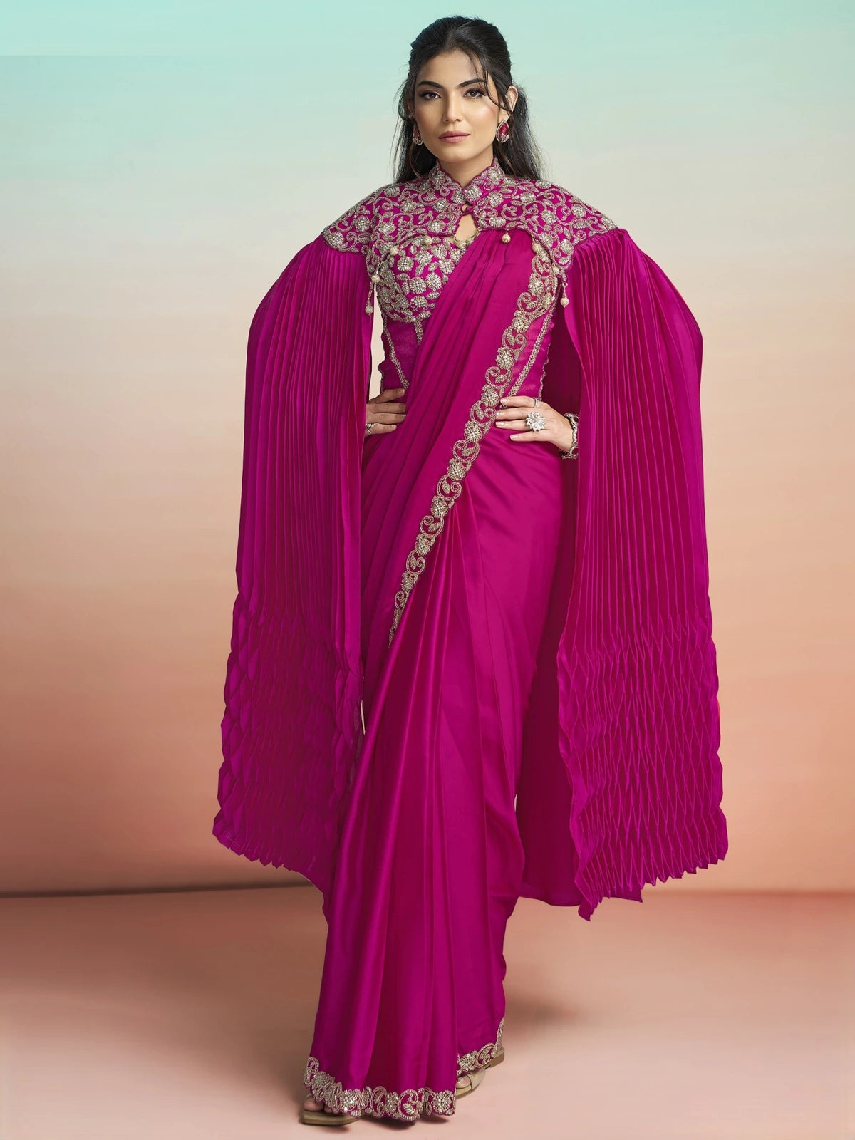 Tarani Shrishti magenta satin silk ready to wear saree with ornate cape and corset blouse full view