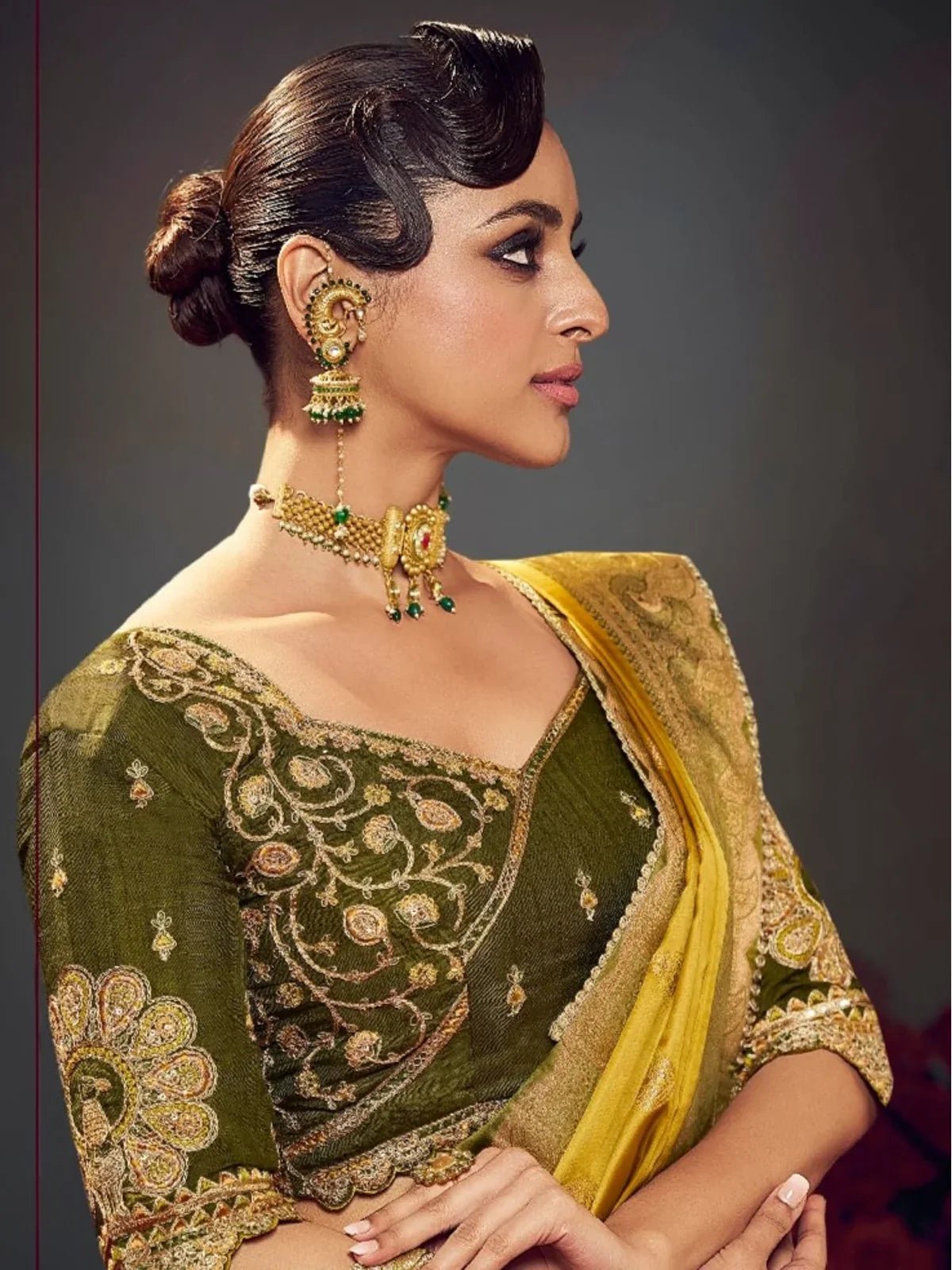 Tarani mustard yellow satin silk saree upper body view showing blouse embroidery and rich texture