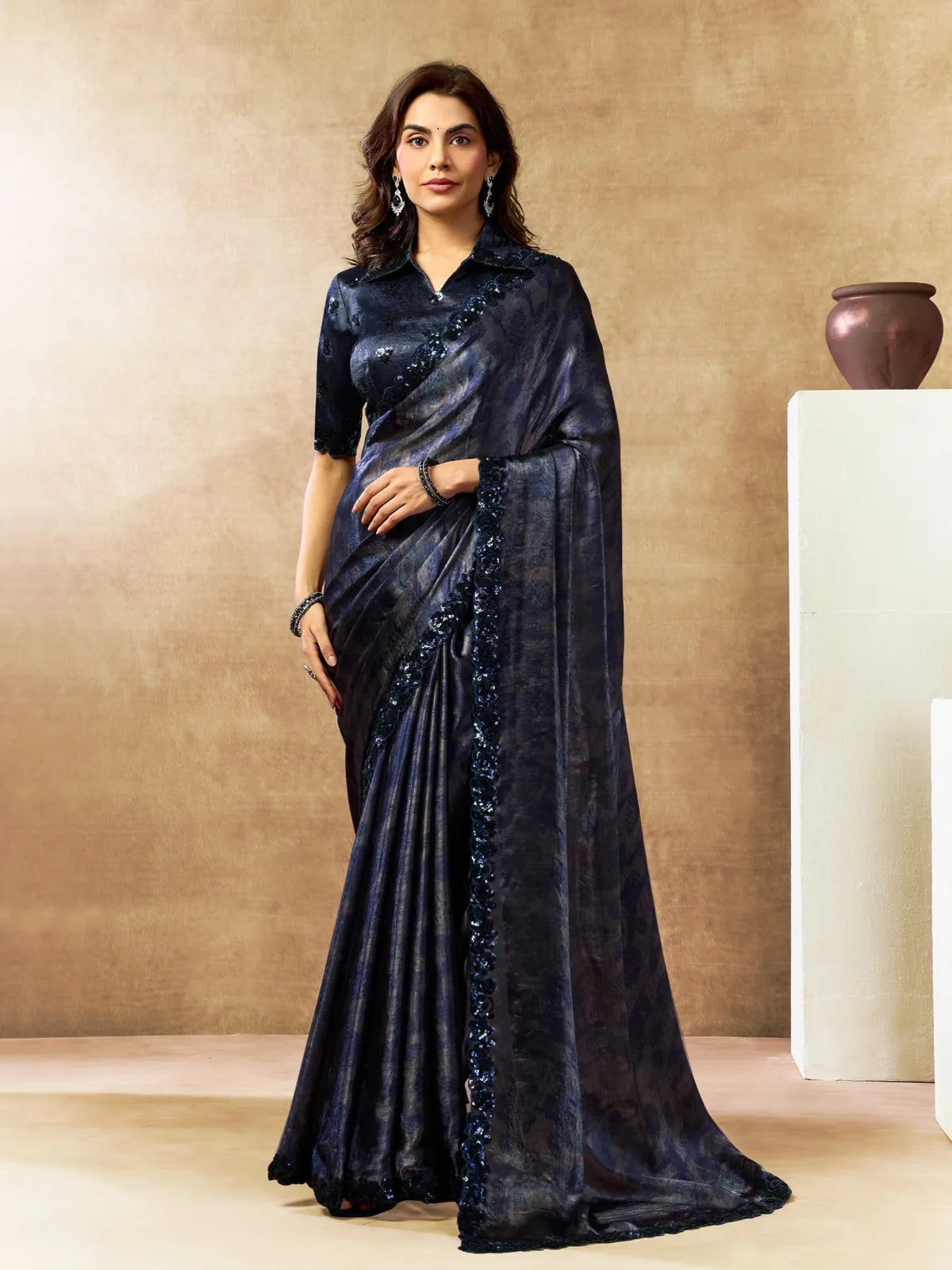 Tarani Kshiti navy blue two tone satin silk saree with sequins embroidery full view