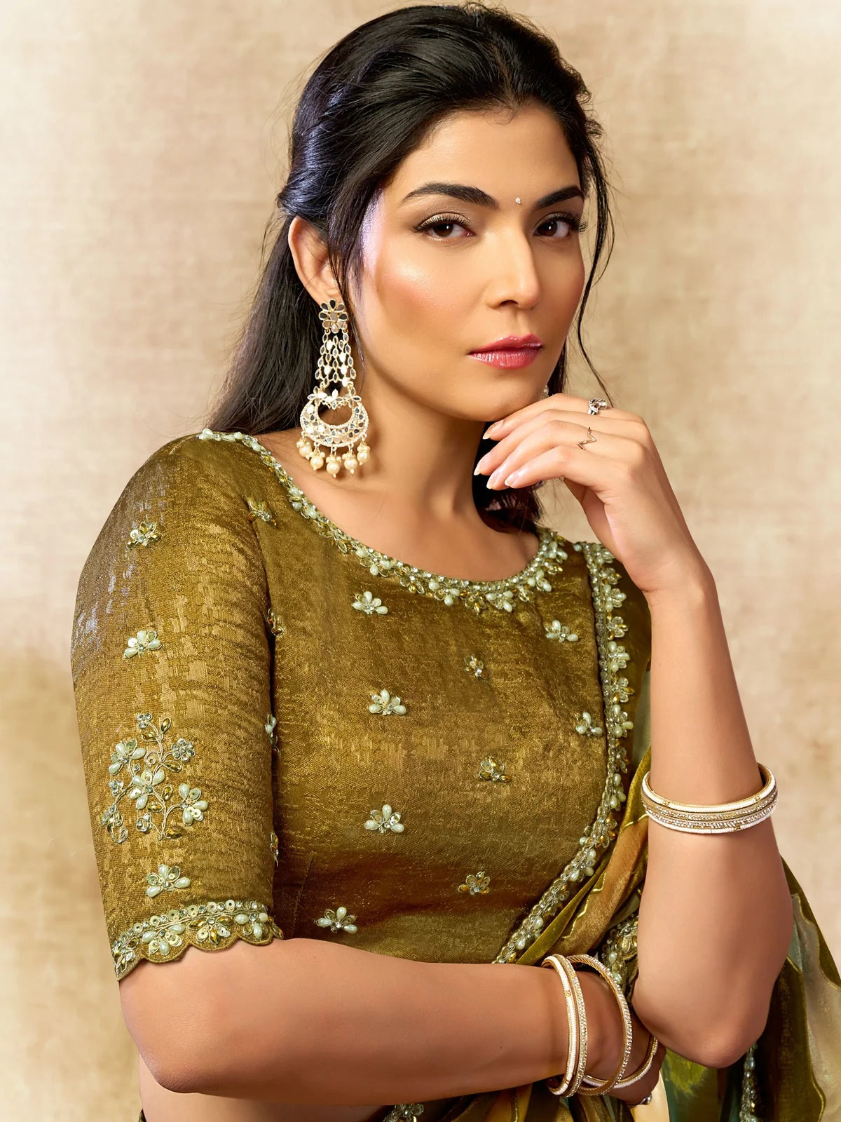 Tarani Meghali olive green satin silk saree blouse close view with embroidery pearl and stone work
