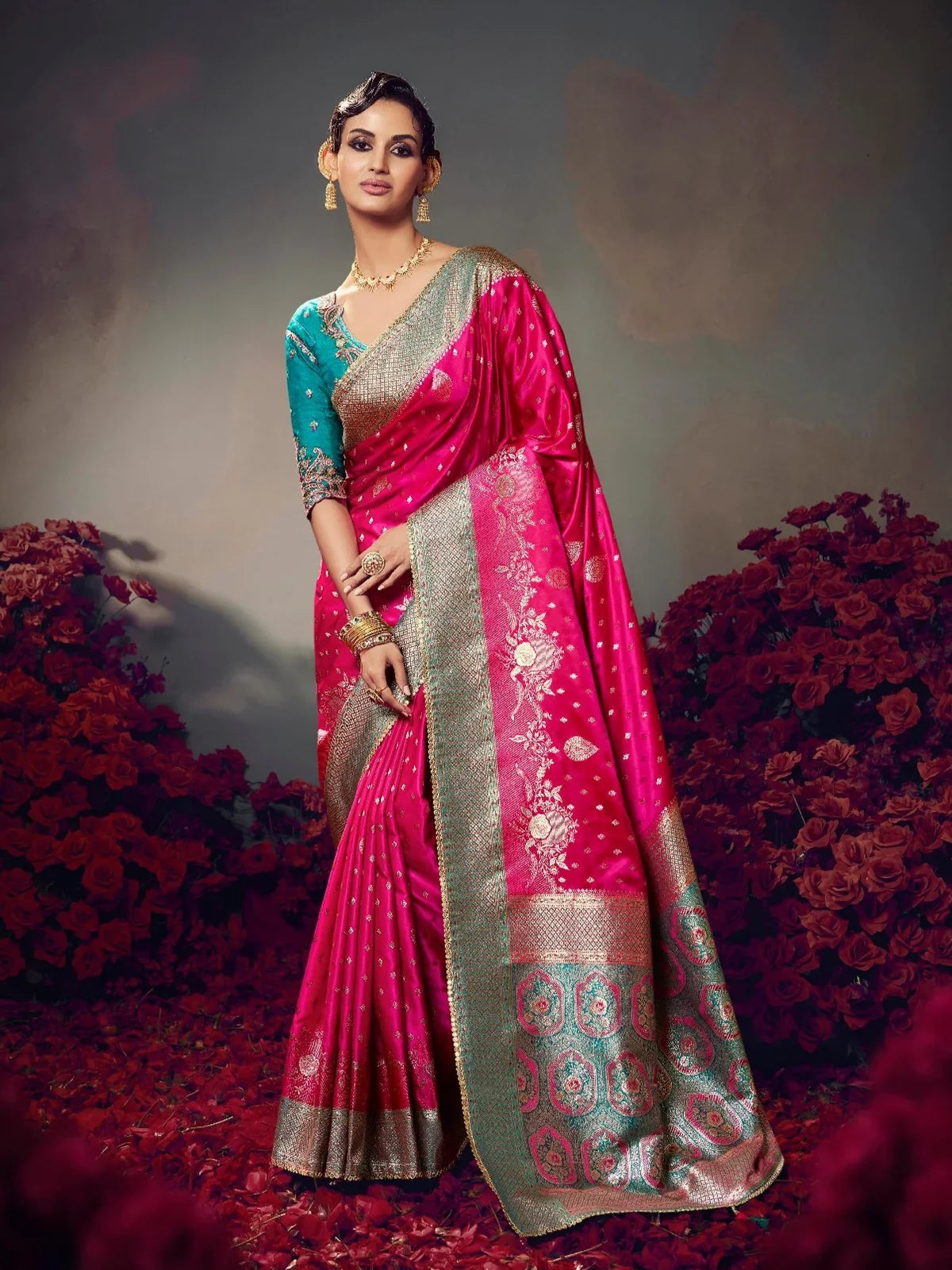 Tarani premium pink satin silk saree with turquoise embroidered blouse perfect for festive and party occasions