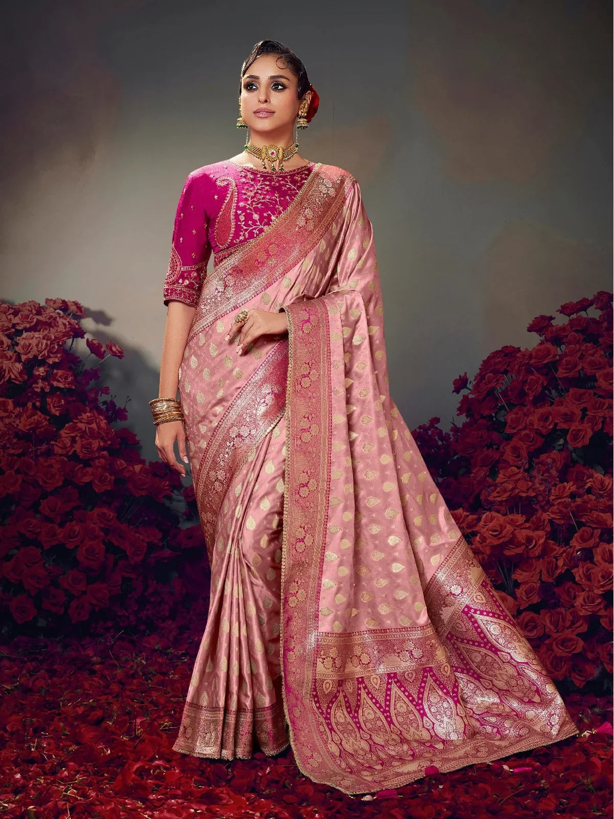Tarani pink satin silk saree full view with elegant zari border and designer blouse