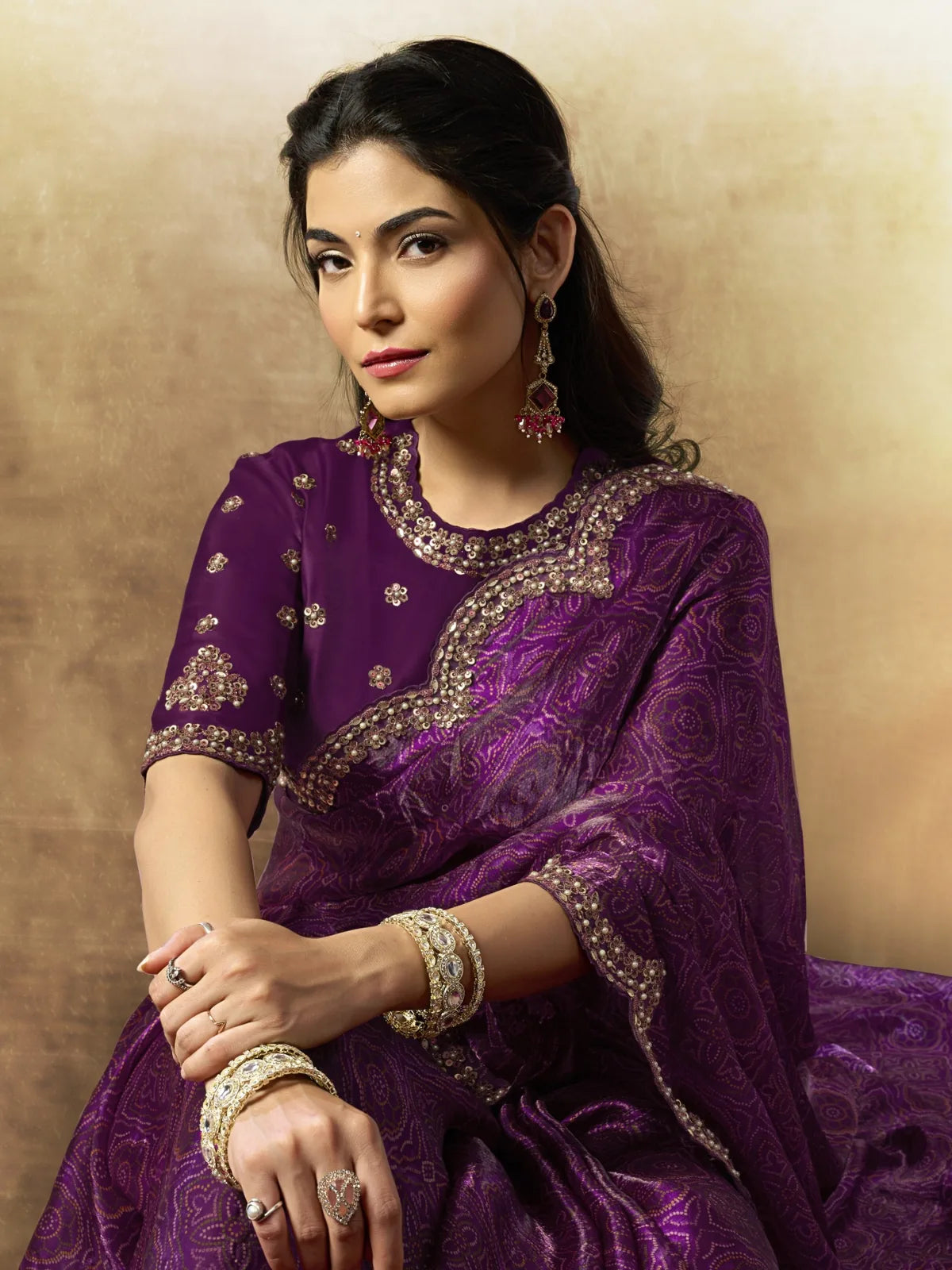Tarani purple satin silk saree front portrait with pearl handwork blouse Pihu