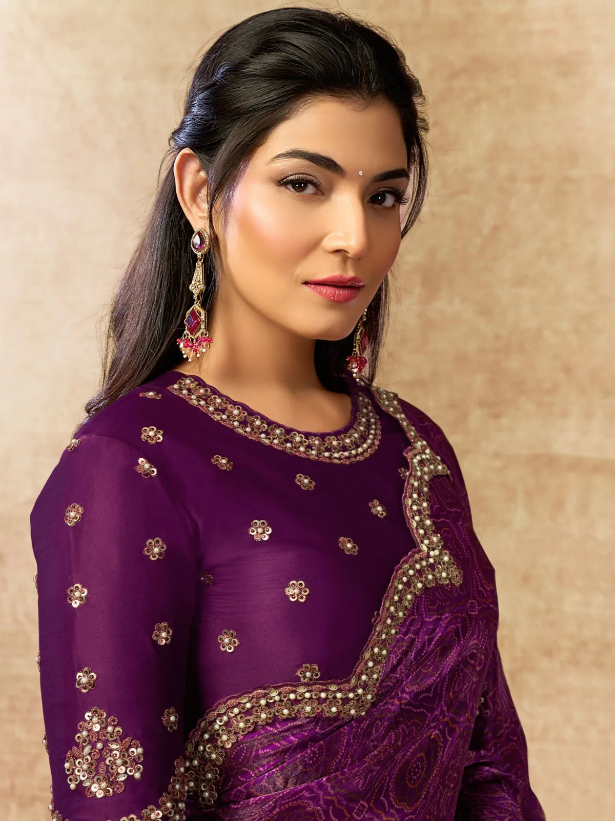 Tarani purple satin silk saree with Bandhani print and sequins embroidery upper body view Pihu