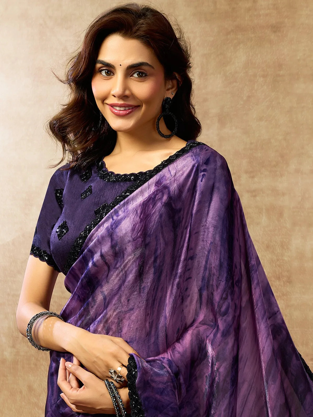 Tarani Ulka purple satin silk saree upper body view with abstract print and embellished blouse