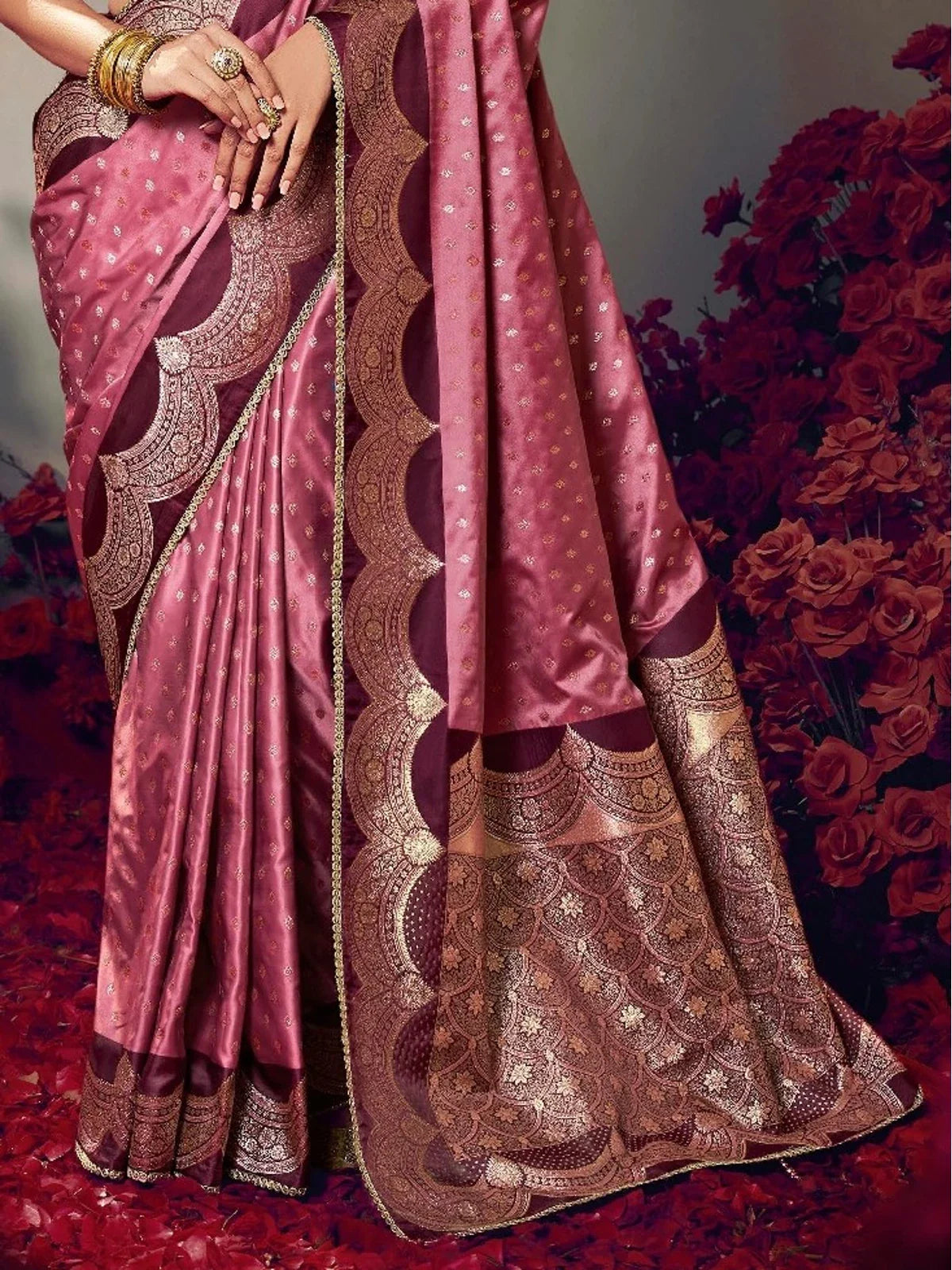 Tarani rose pink satin silk saree pallu showcasing golden zari work and scallop detailing