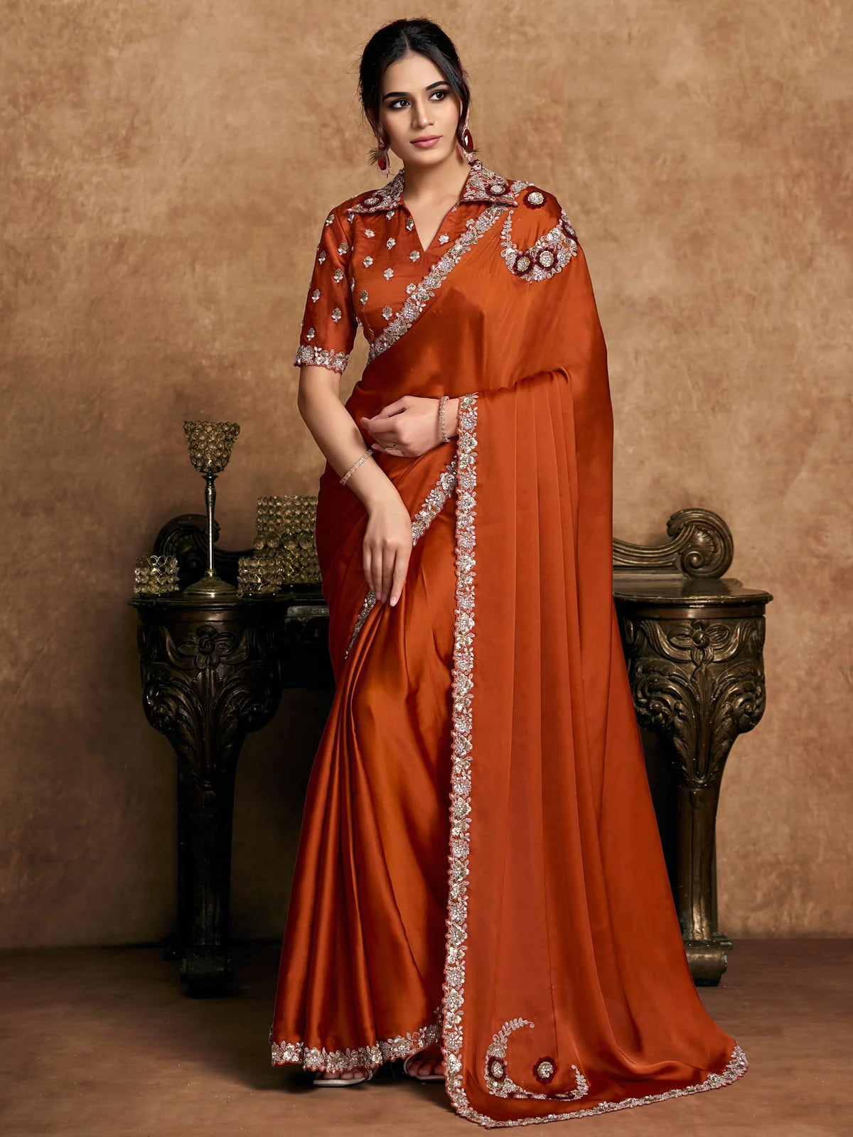 Tarani Ravina lustrous satin silk rust orange saree full view with sequin embroidery pearl stone and applique floral work