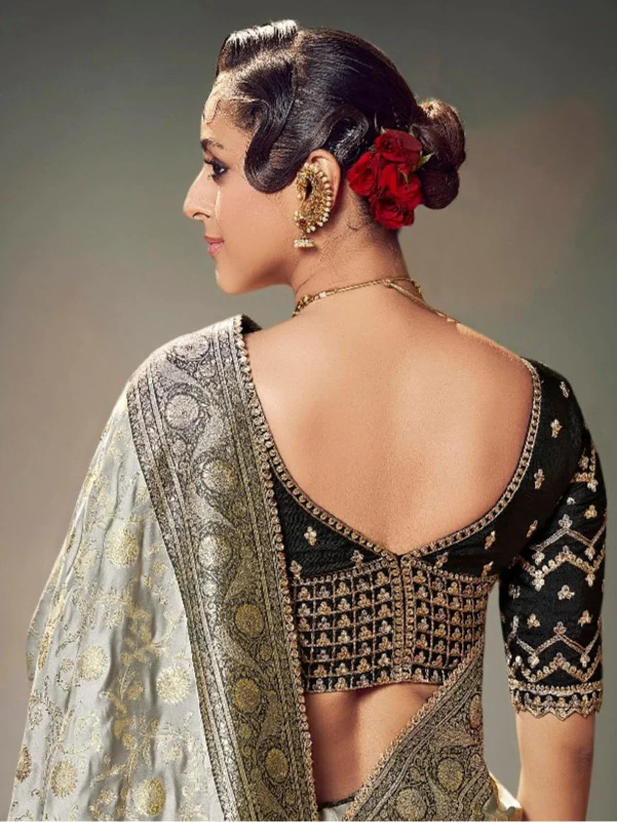 Tarani graceful silver satin silk saree back view highlighting blouse design