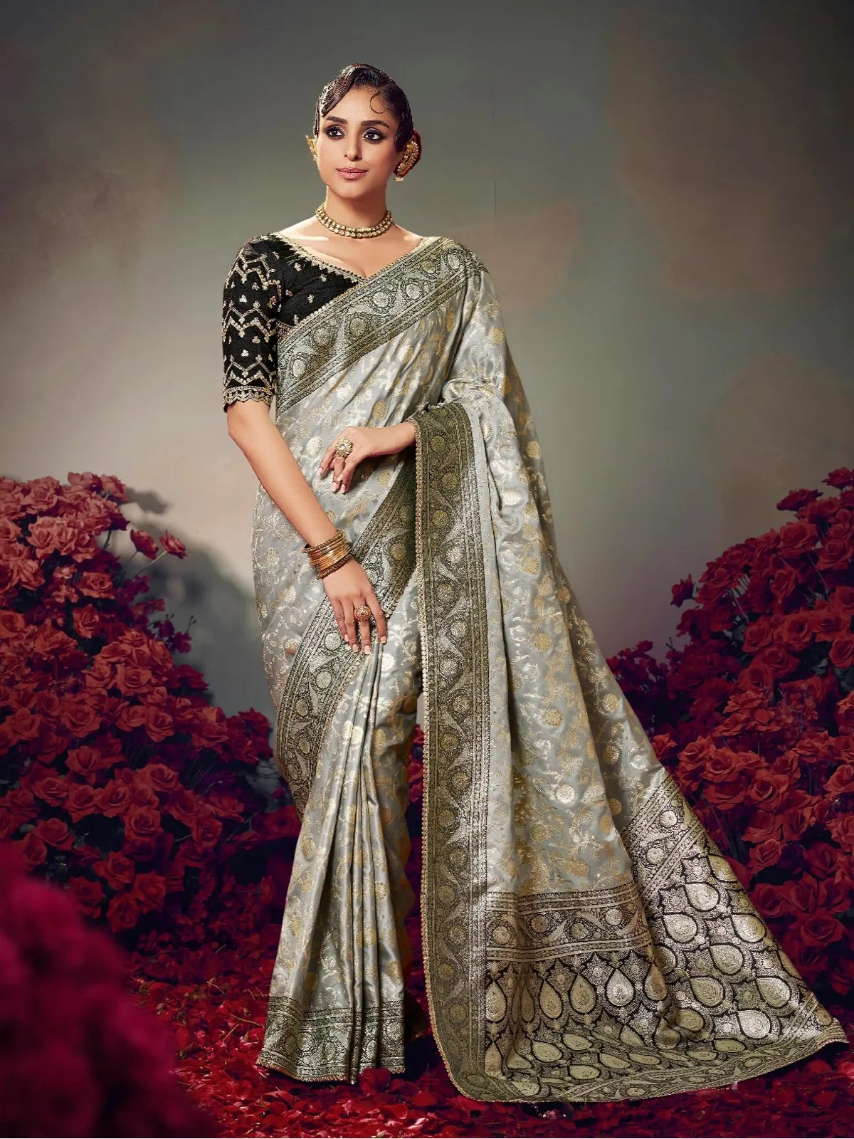 Tarani premium silver satin silk saree full view with embroidered blouse for party wear