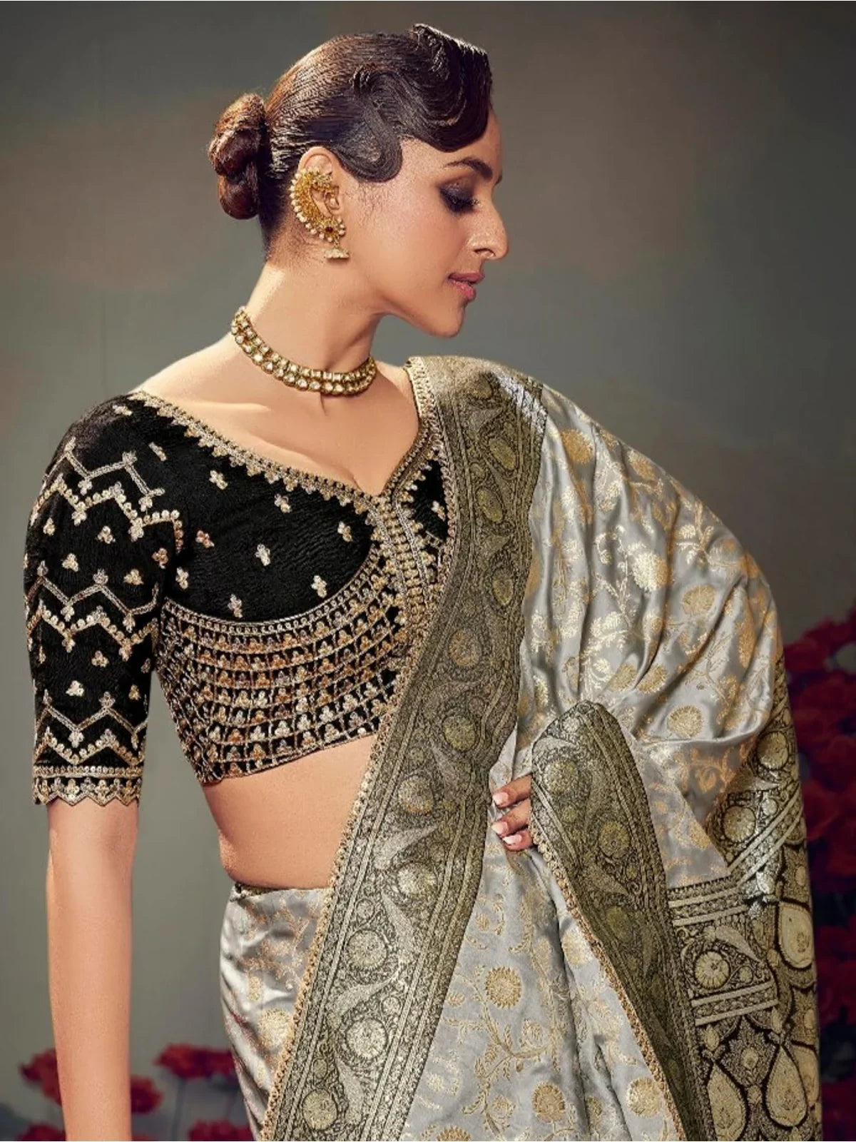 Tarani elegant silver satin silk saree upper body view with contrast blouse for festive wear