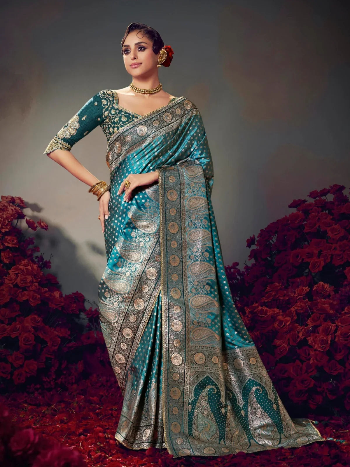 Tarani premium teal satin silk saree with golden zari and intricate border full view