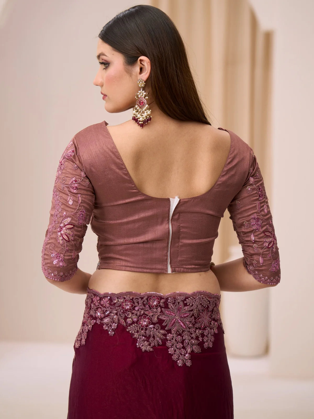 Tarani wine satin silk saree back blouse view with embroidery detailing