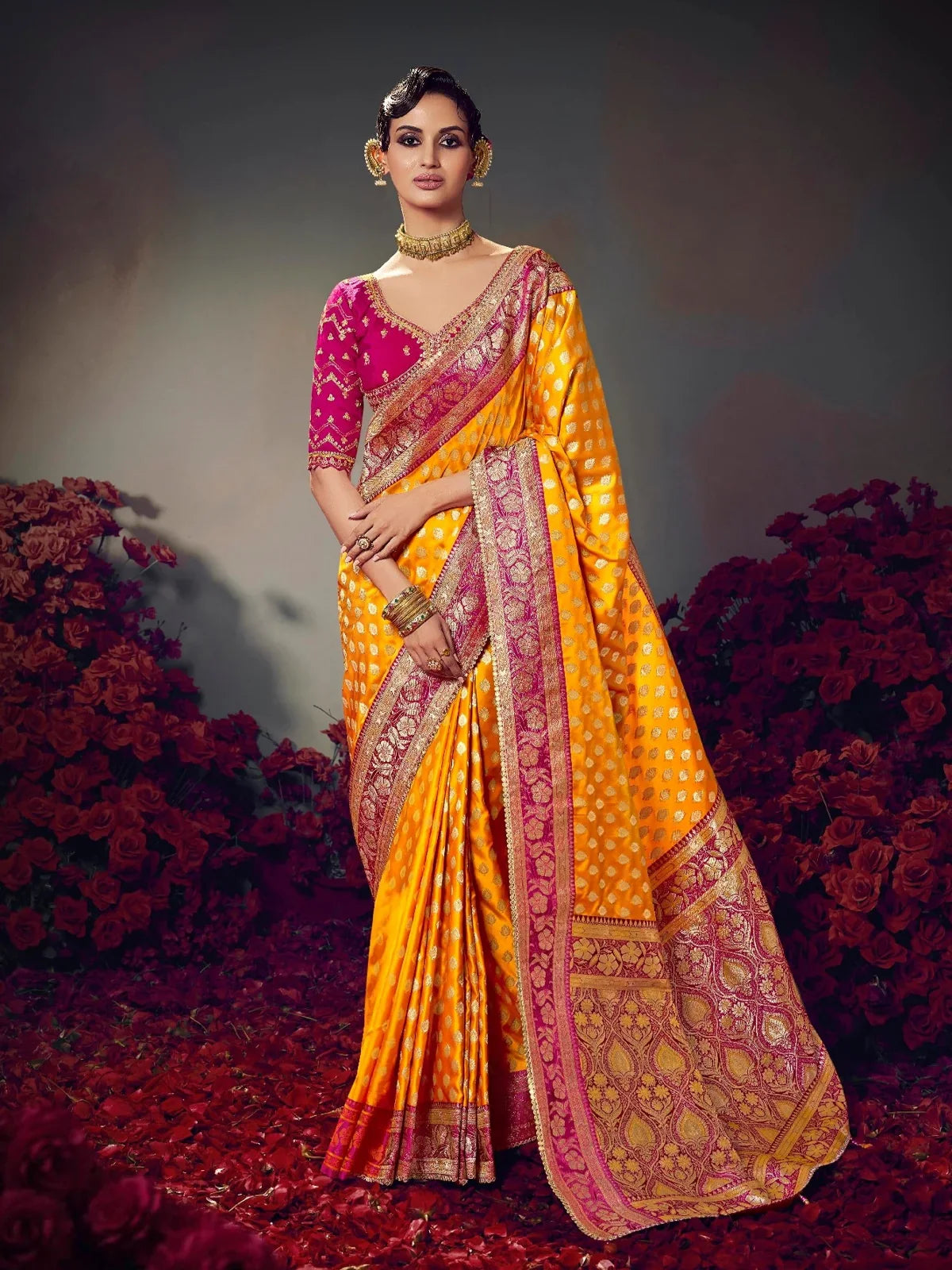 Tarani yellow satin silk saree with magenta embroidered blouse full view