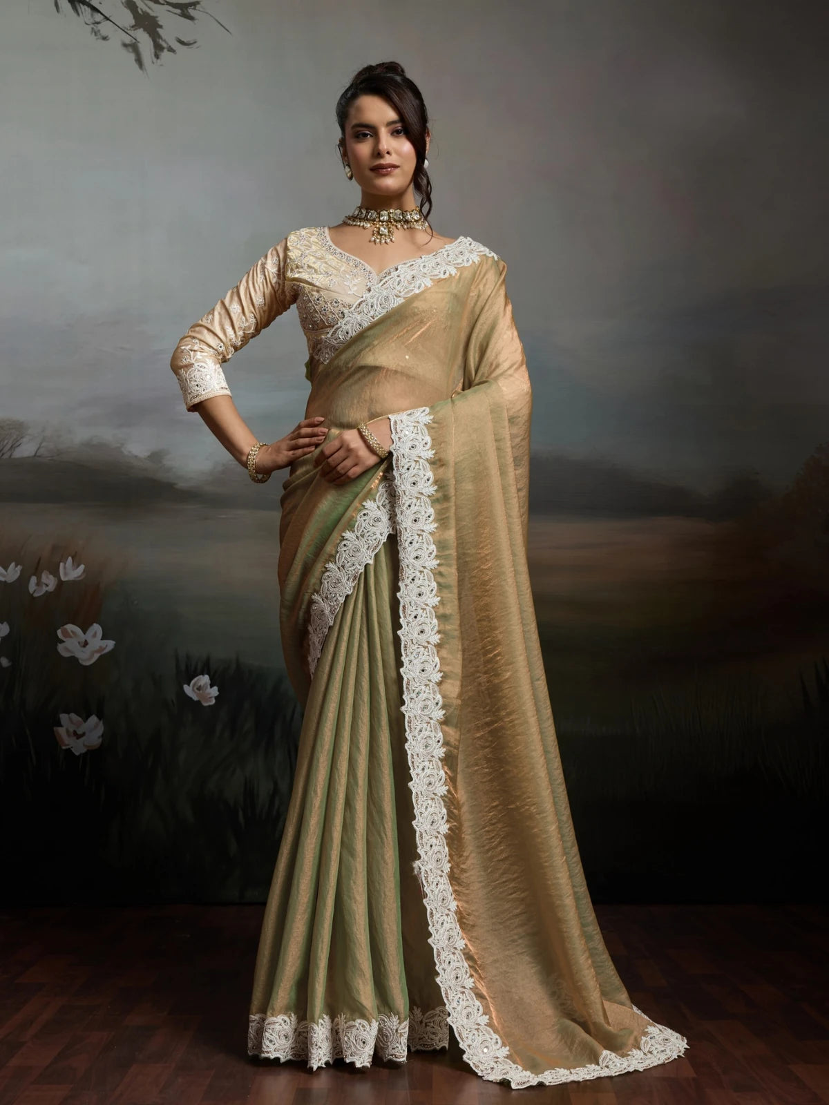 Tarani golden satin velvet saree with ivory embroidery and handwork full front festive look