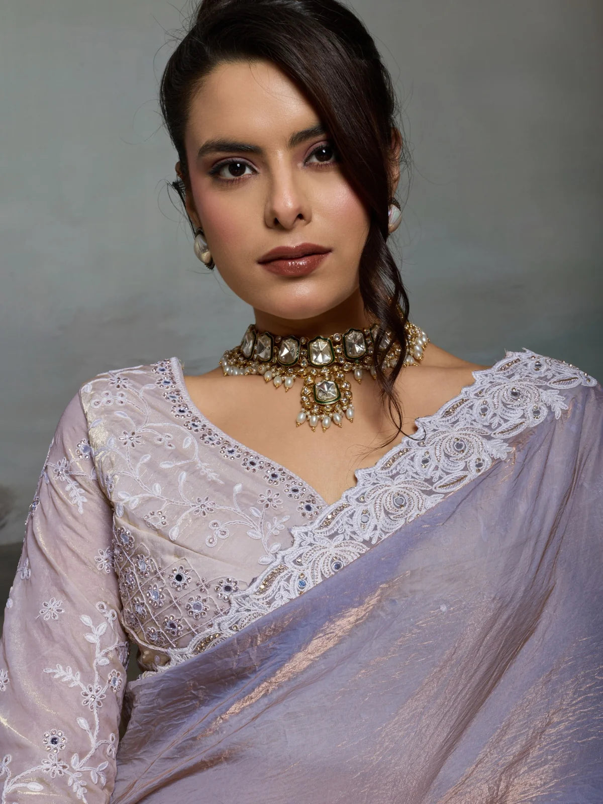 Tarani lavender satin velvet saree closeup with ivory embroidery and designer blouse details