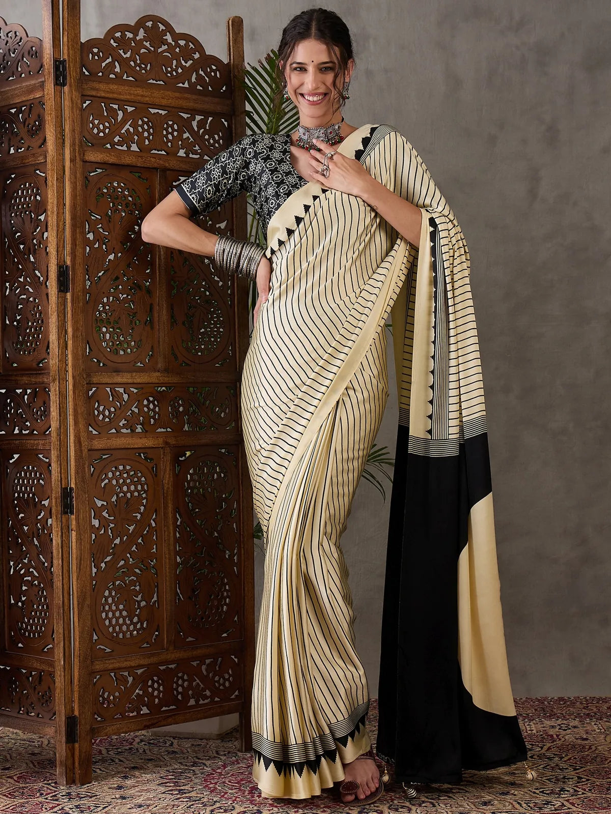 Tarani beige semi modal satin printed saree full view with designer blouse