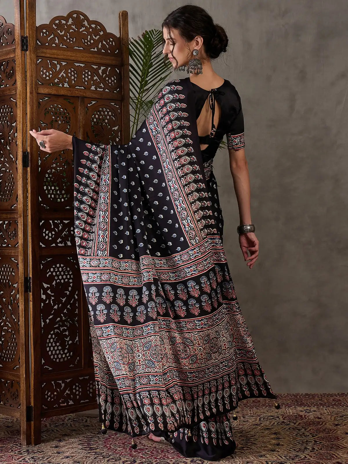 Tarani black Semi Modal Satin saree back blouse design view Chetali