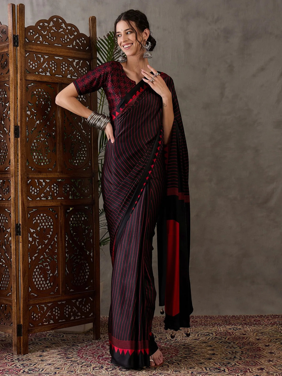 Tarani Rajvi black semi modal satin printed saree full view party wear saree with blouse