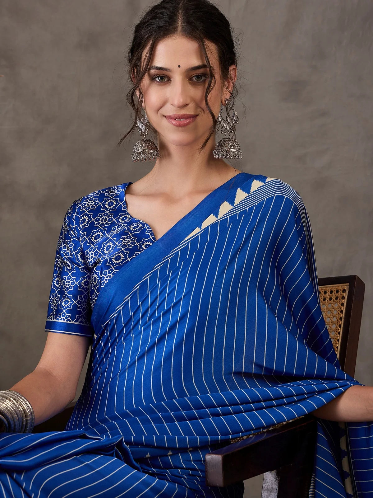 Tarani royal blue striped saree front portrait with printed blouse Yukti