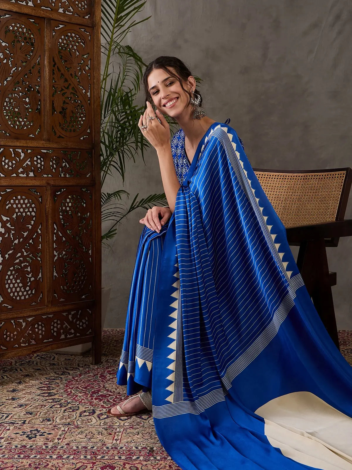 Tarani blue saree pallu and border detail semi modal satin Yukti