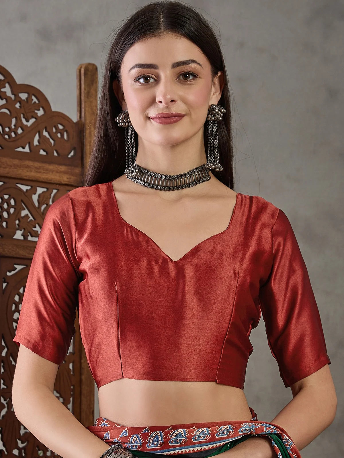 Tarani Apurva semi modal satin blouse view with printed saree styling