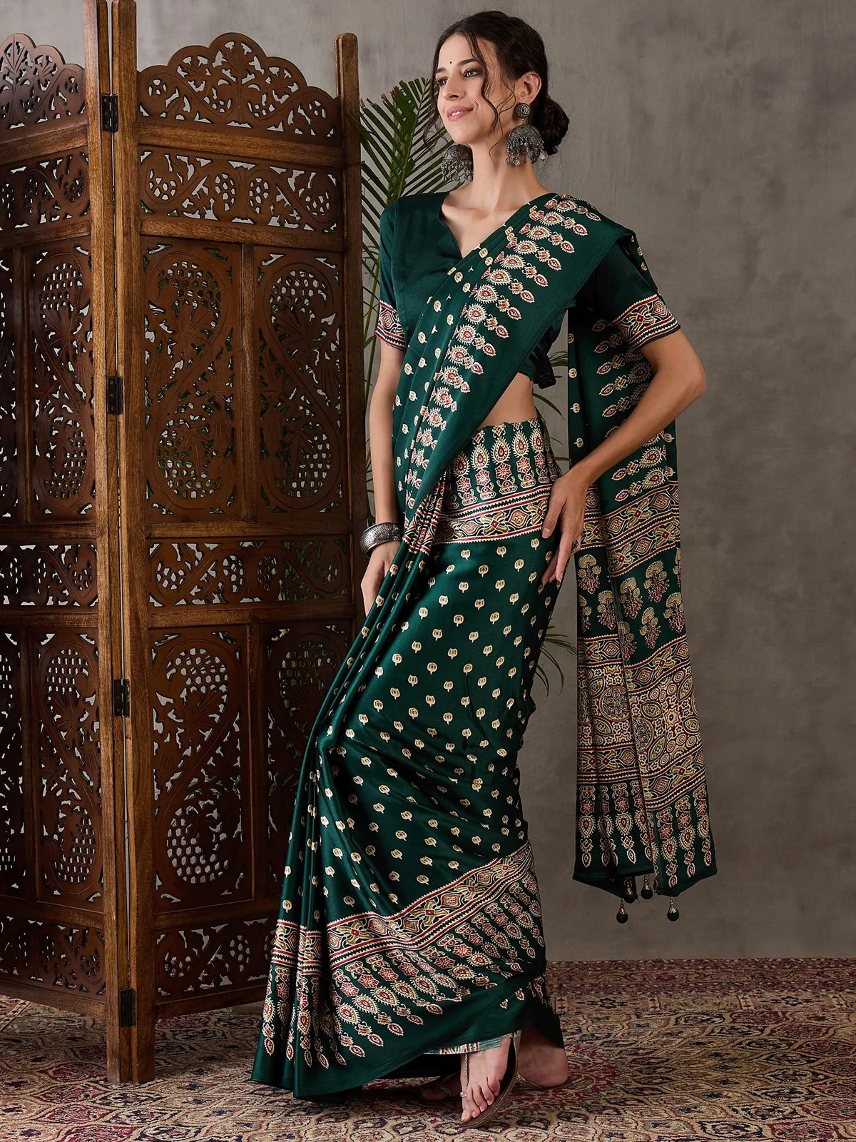 Tarani Mahika green semi modal satin printed saree front view for festive occasions