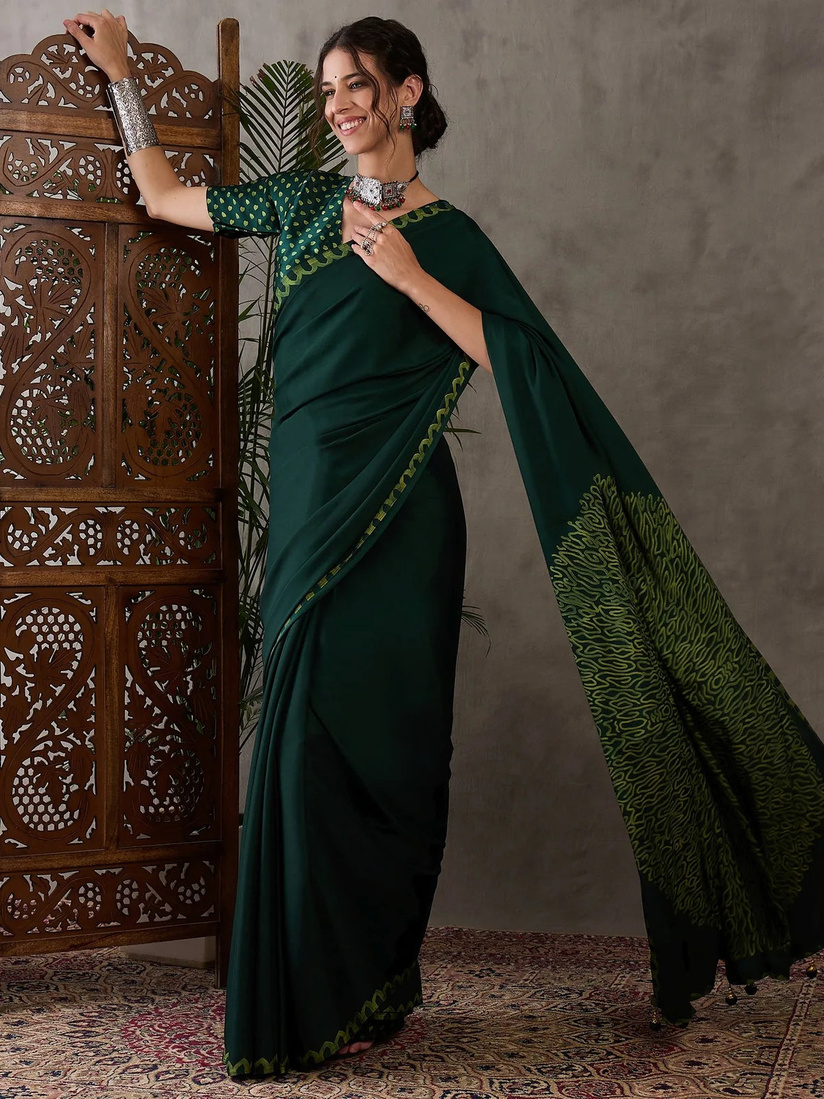 Tarani Sharayu green semi modal satin printed saree front view