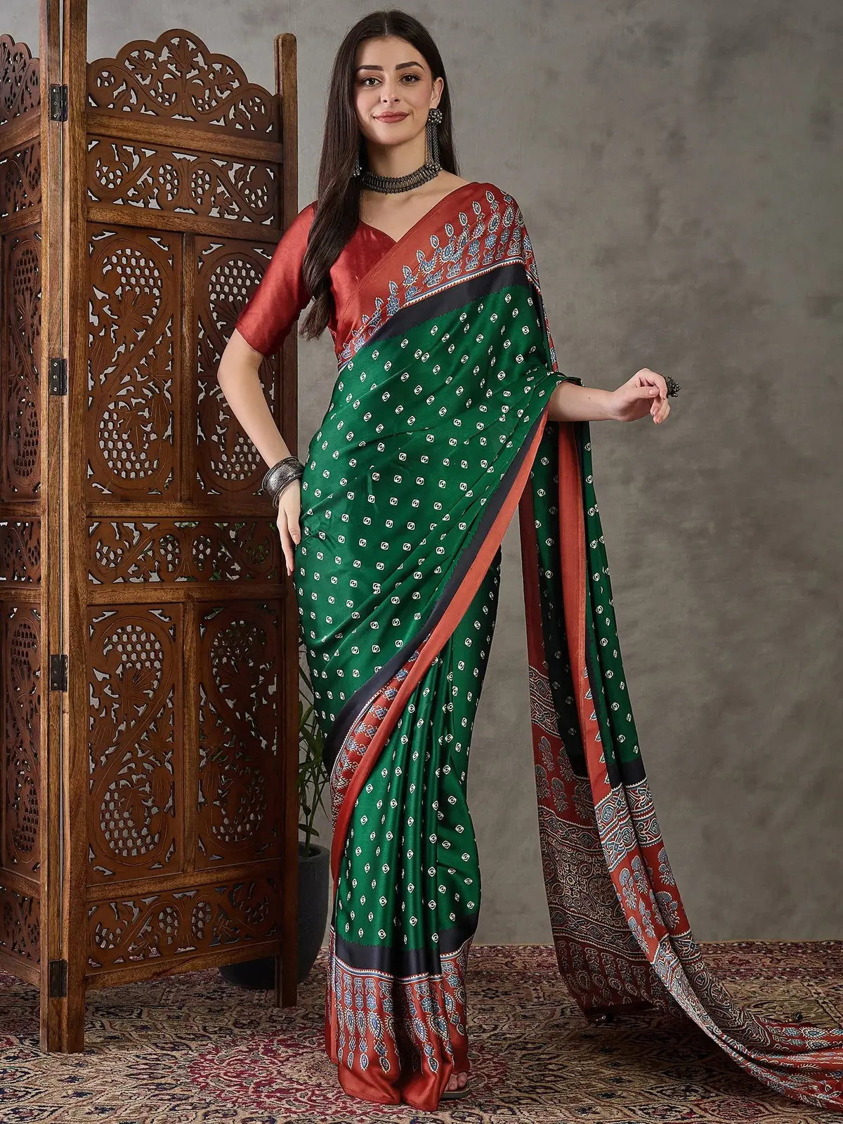 Tarani Apurva green semi modal satin printed saree full view party wear