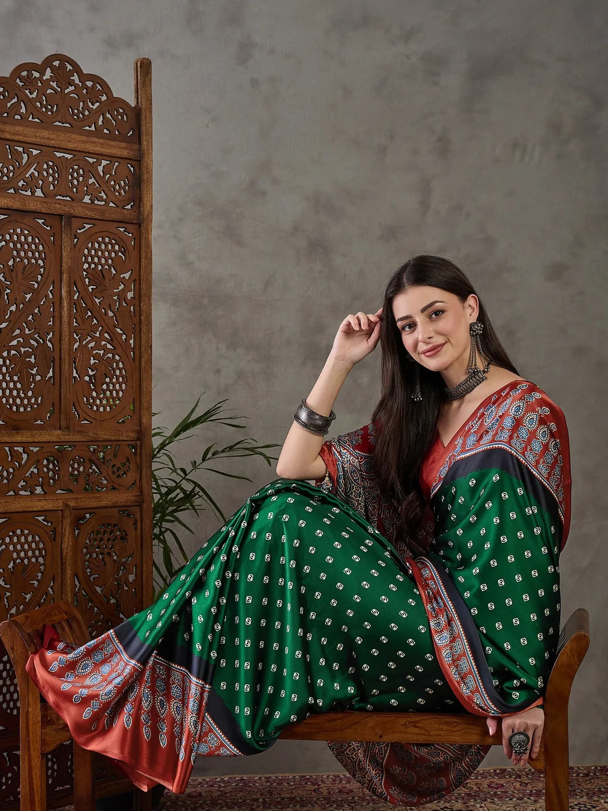 Tarani Apurva semi modal satin saree full length elegant pose