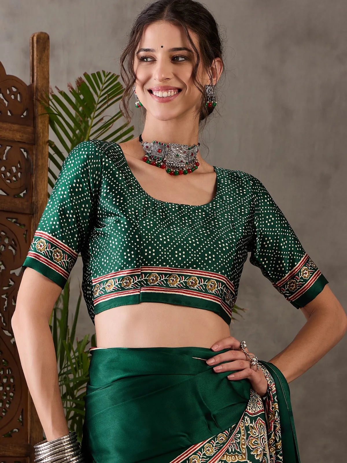 Tarani green semi modal satin saree upper body view showcasing printed blouse design