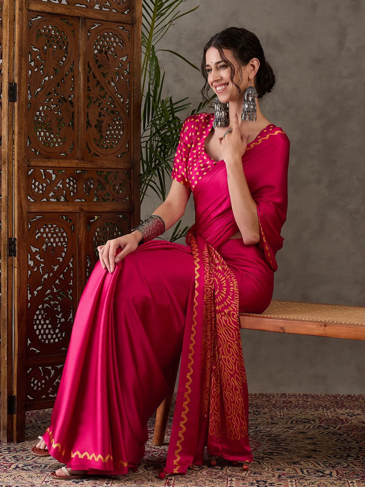 Tarani magenta semi modal satin saree front view for festive occasions