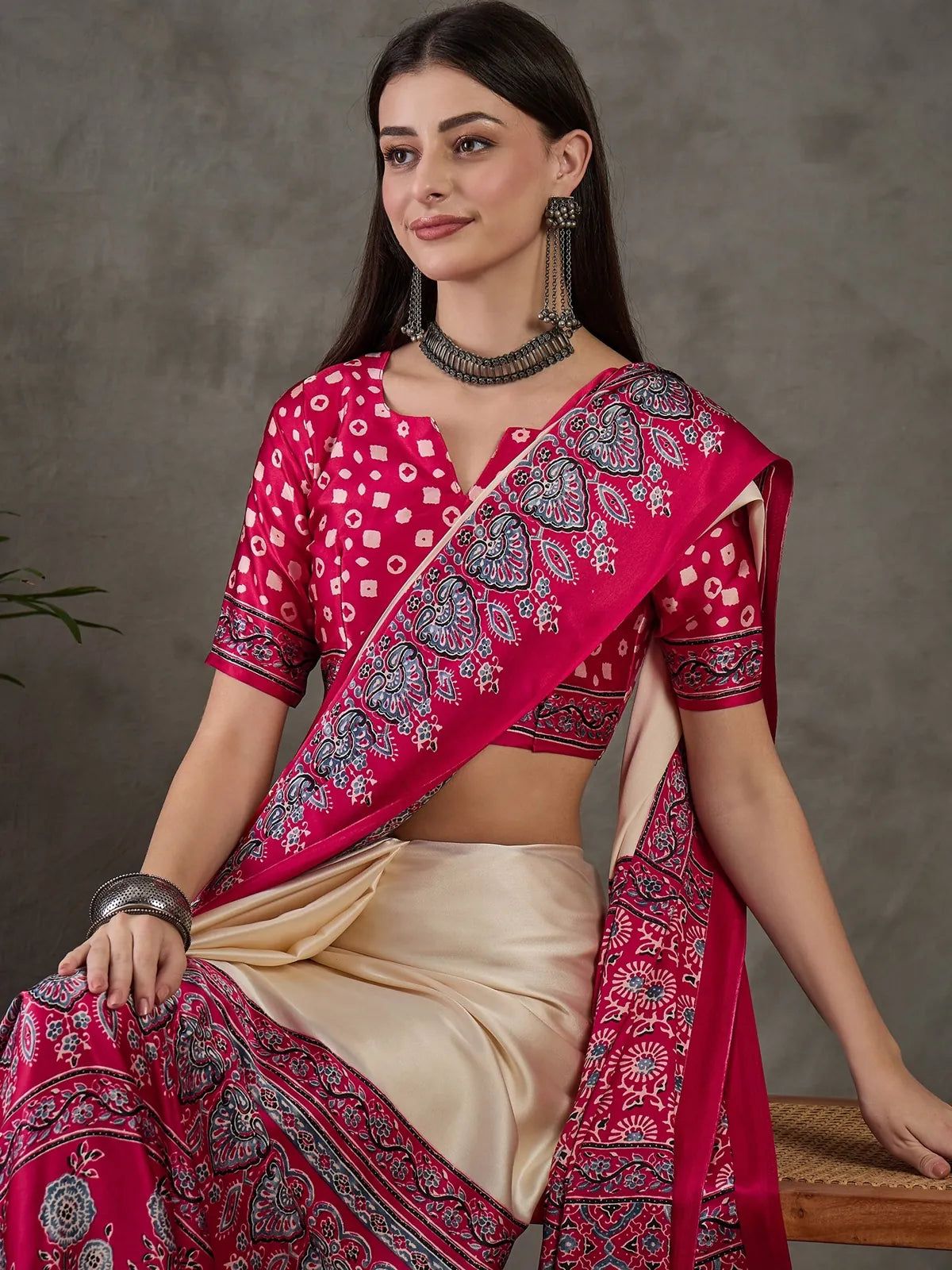 Tarani semi modal satin magenta saree front-view view