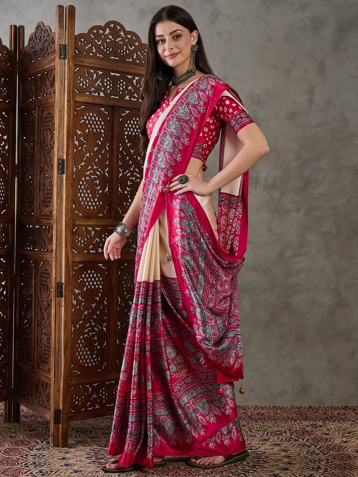 Tarani semi modal satin magenta saree side-view view