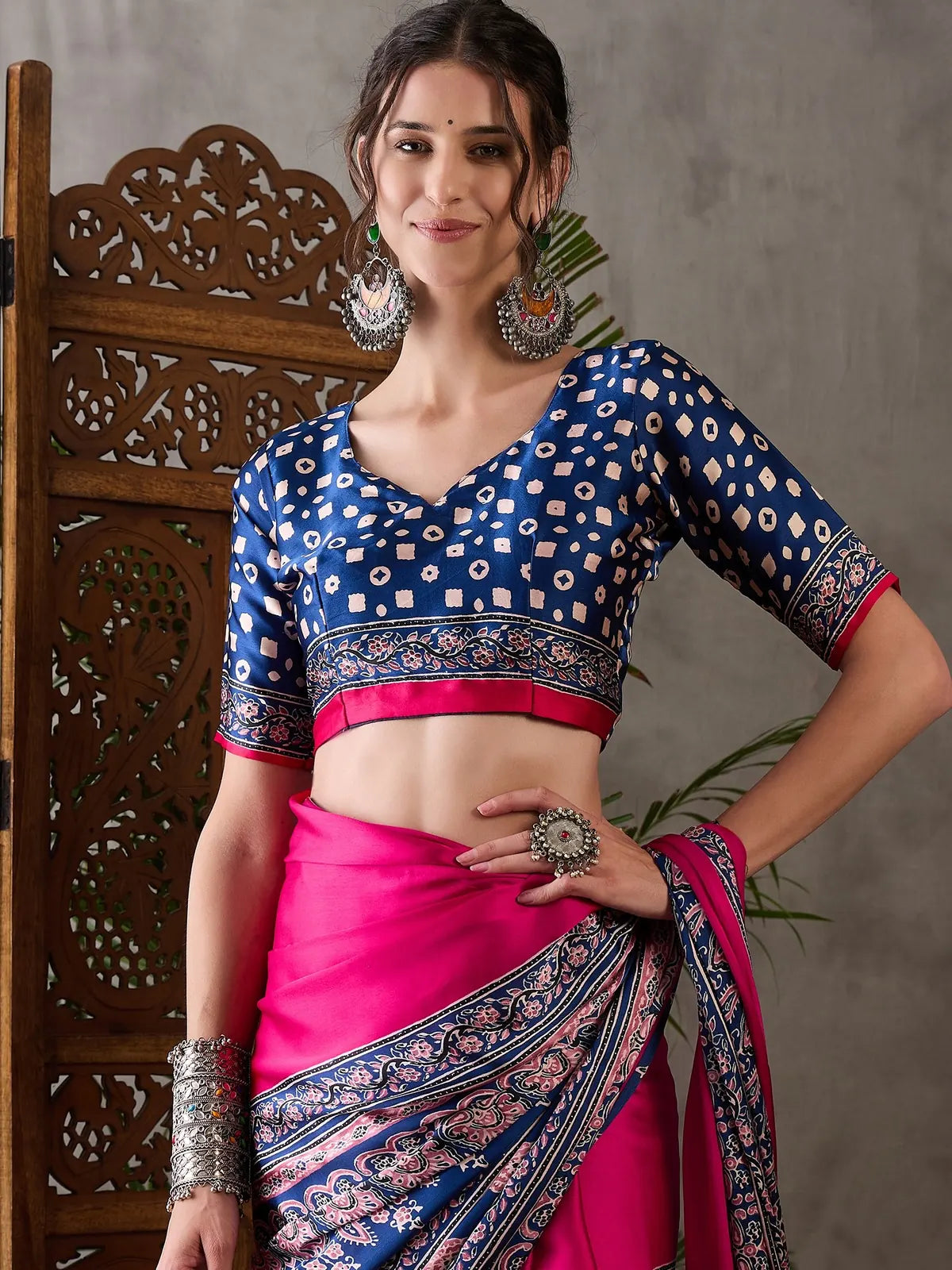 Tarani semi modal satin magenta saree upper body view with printed blouse