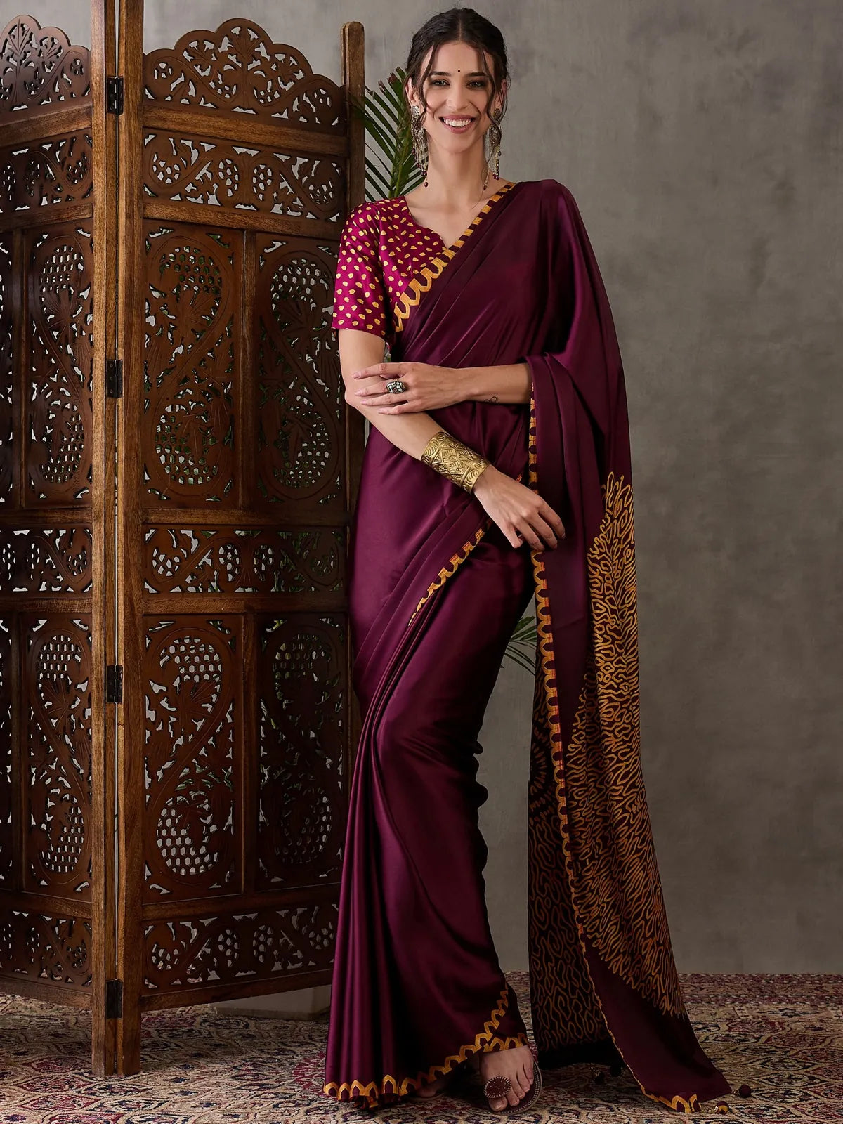 Tarani maroon semi modal satin printed saree with blouse piece party wear full view Dhruti