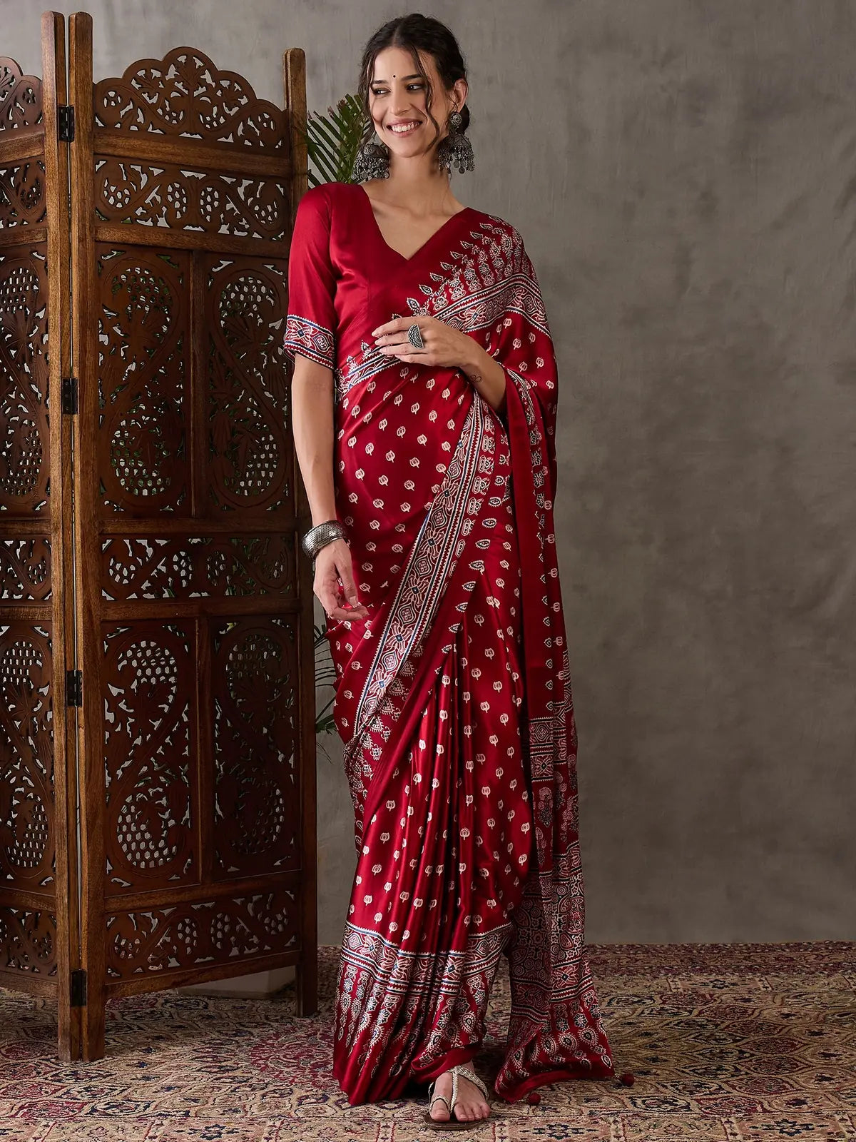 Tarani Rajlaxmi maroon semi modal satin printed saree full view party wear