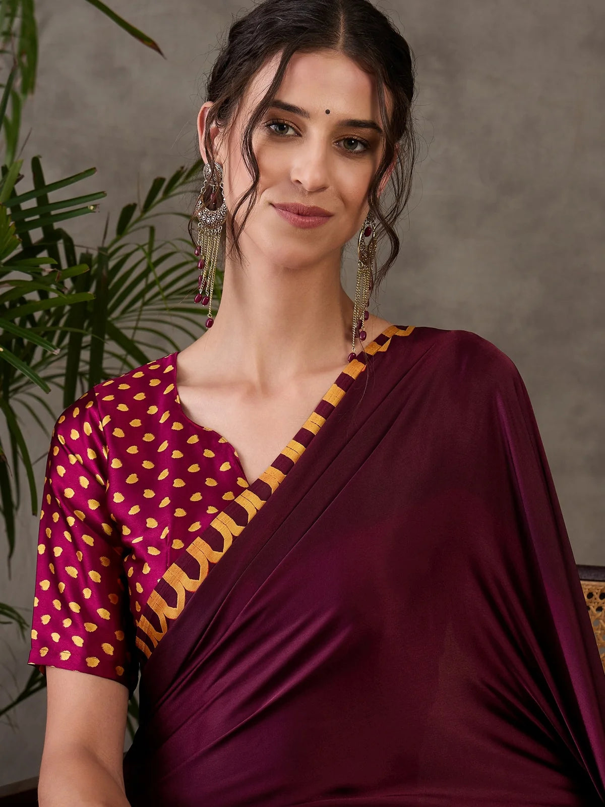 Tarani maroon semi modal satin saree upper body detail printed blouse Dhruti