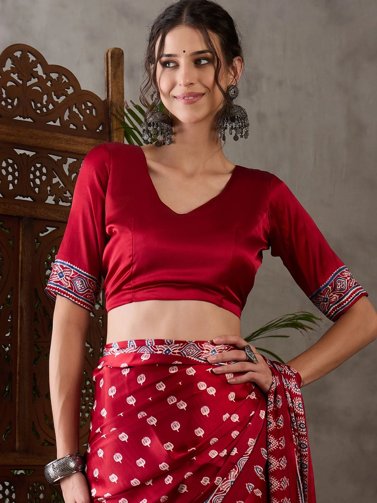 Tarani Rajlaxmi maroon semi modal satin saree blouse and upper body view