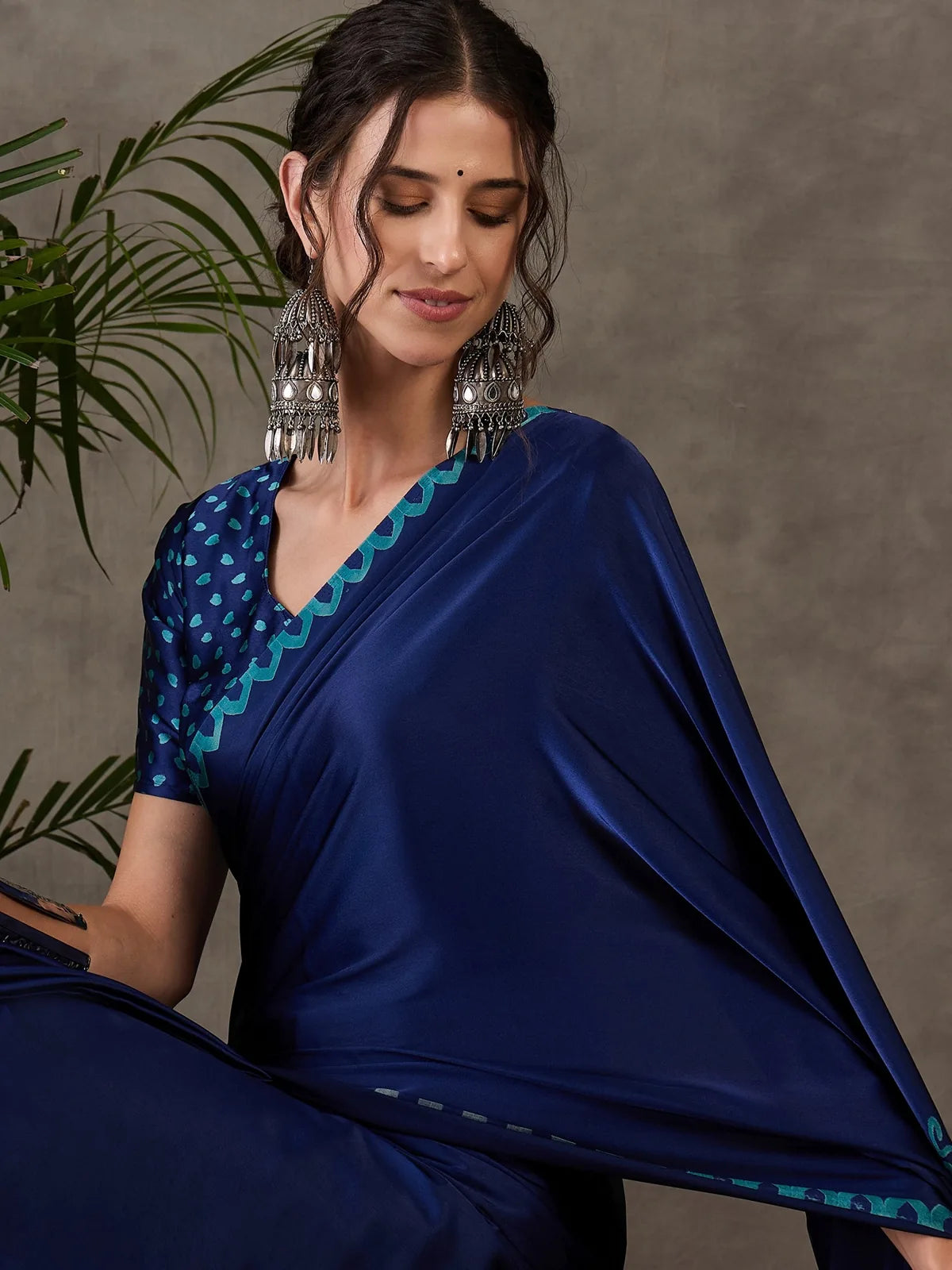 Tarani navy blue semi modal satin saree closeup drape and blouse details