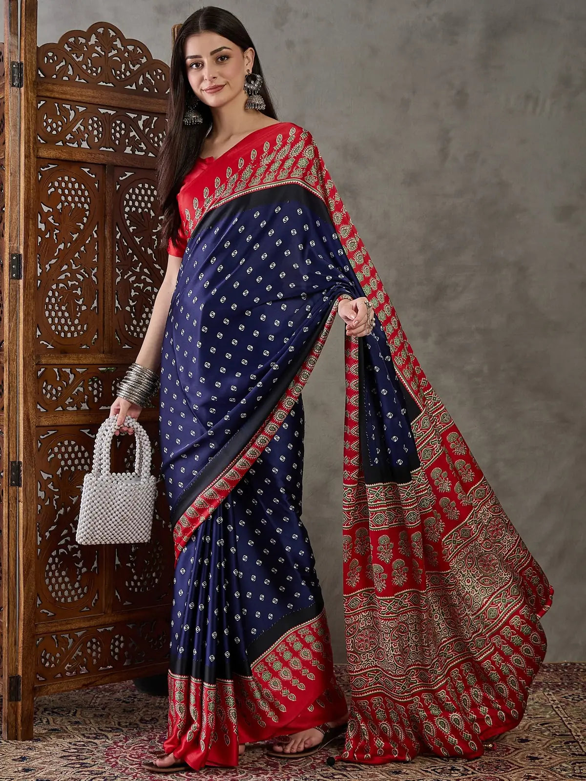 Tarani Kumuda navy blue printed semi modal satin saree front pose festival wear