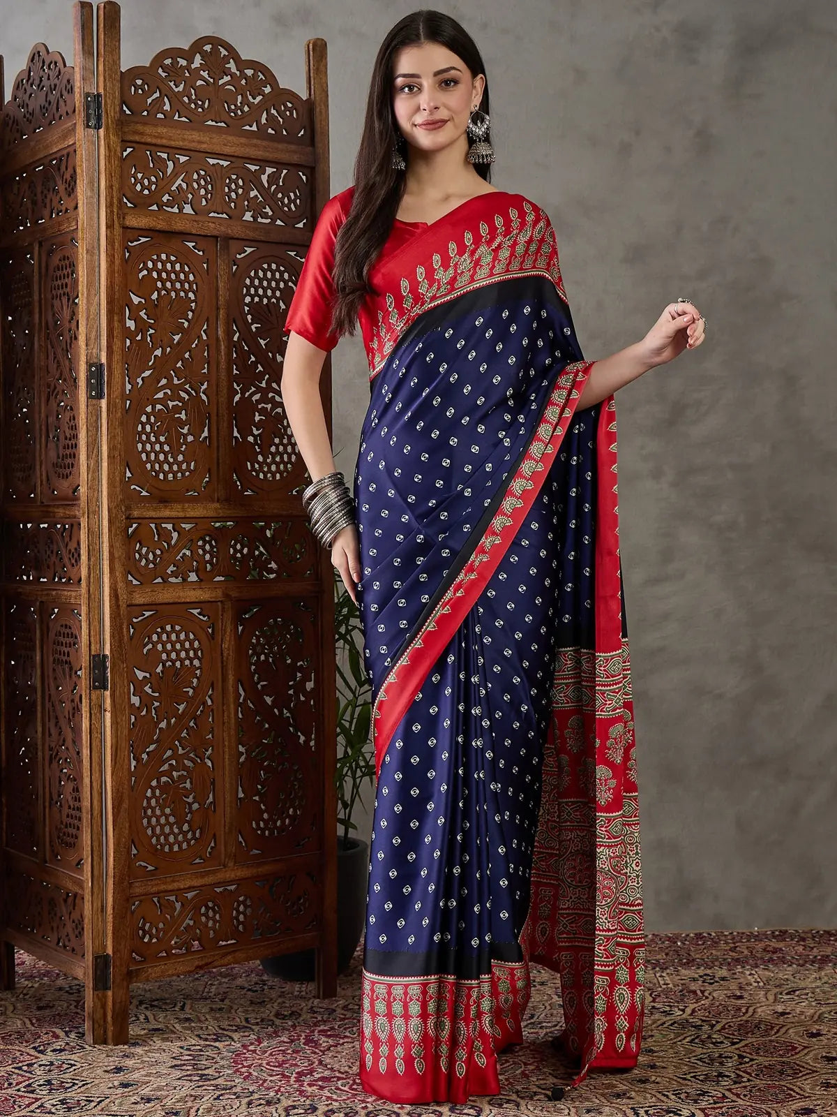 Tarani Kumuda navy blue semi modal satin printed saree full view party wear