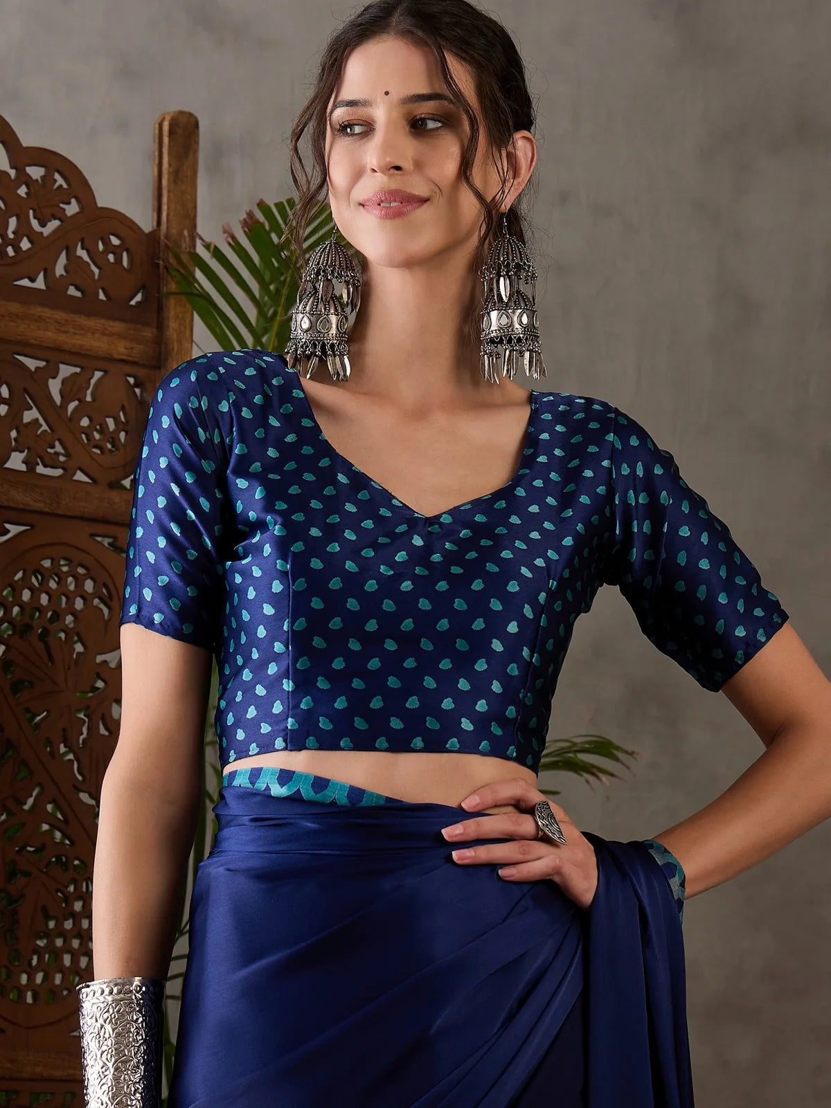 Tarani navy blue semi modal satin saree upper body view with printed blouse