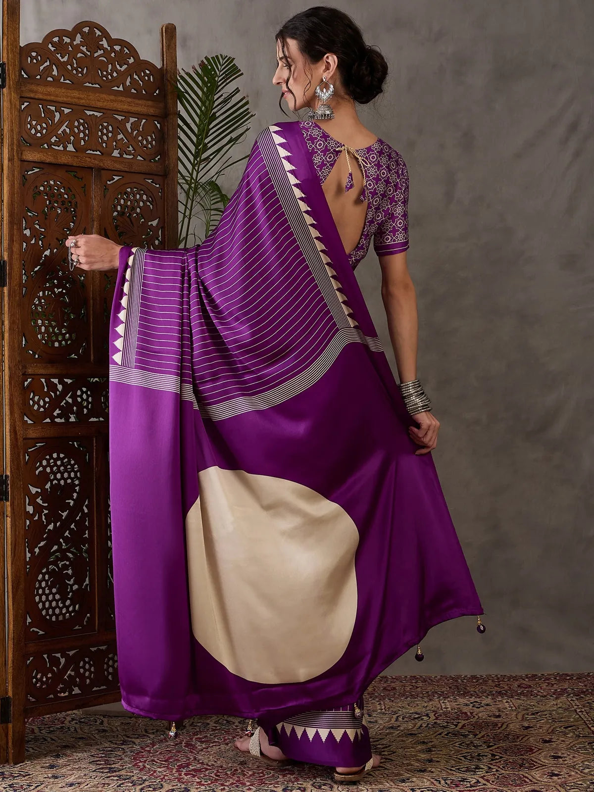 Tarani purple semi modal satin saree back view with blouse back pattern