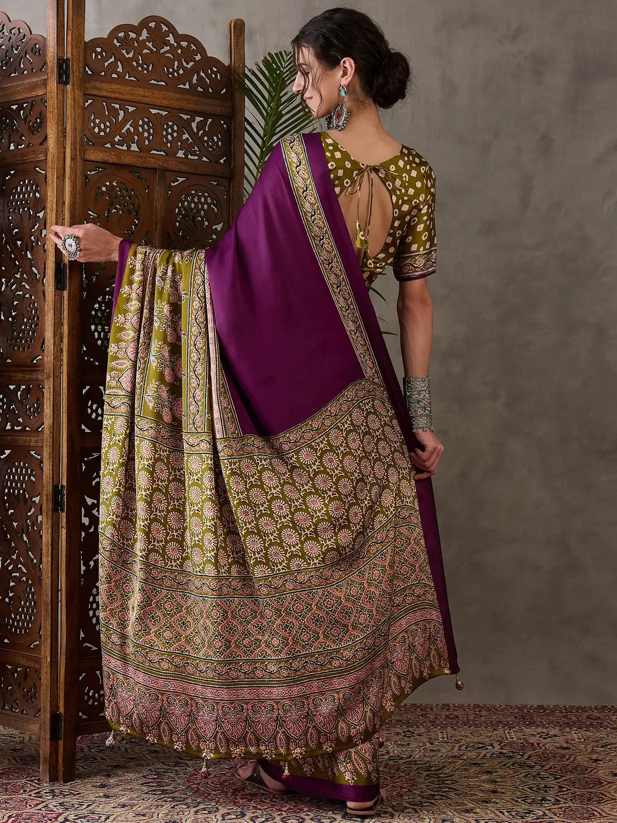 Tarani purple semi modal satin saree back view with blouse pattern
